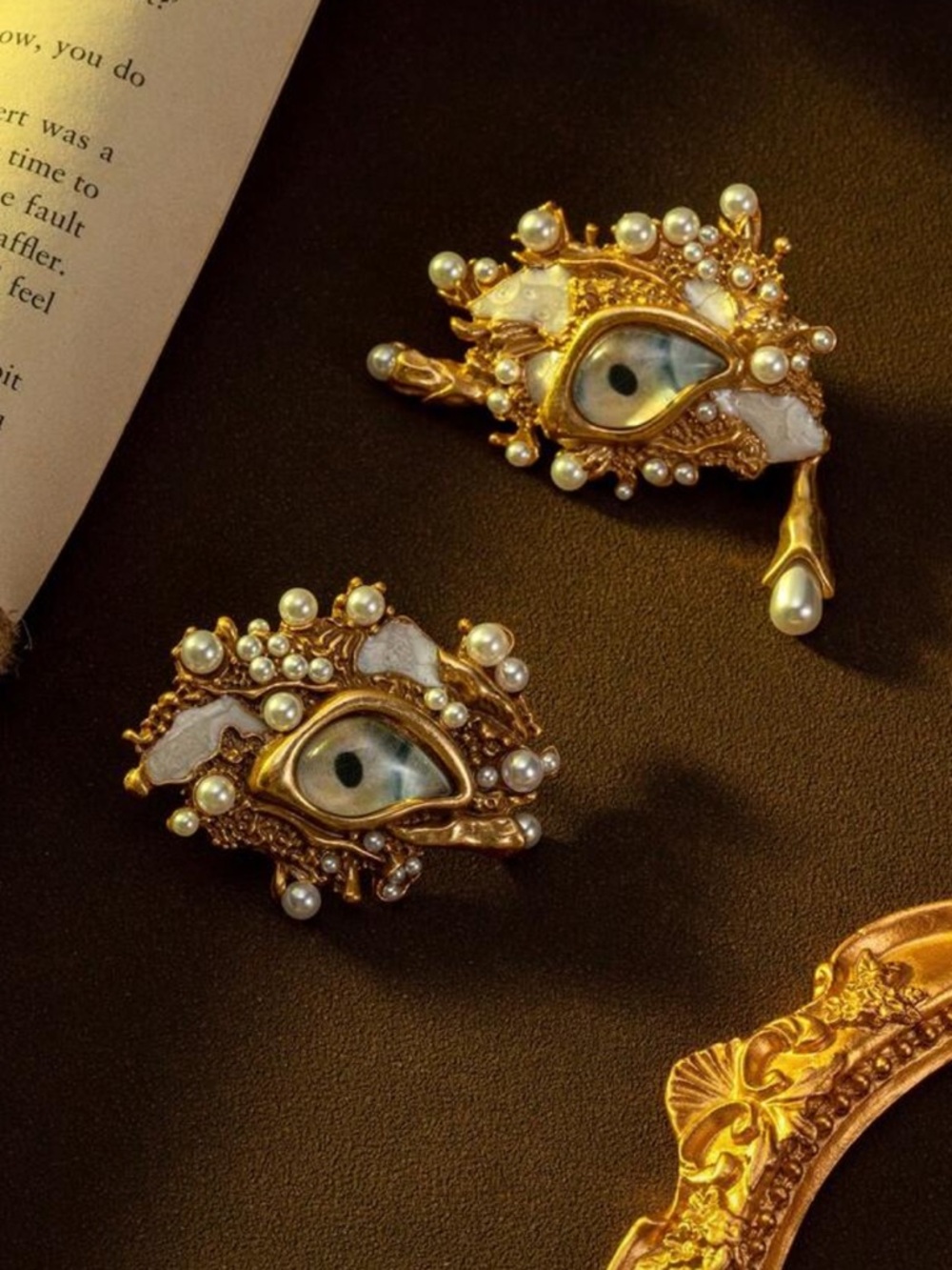 STUNNING Gold Pearl Green Eye Statement Earrings - Women Jewelry